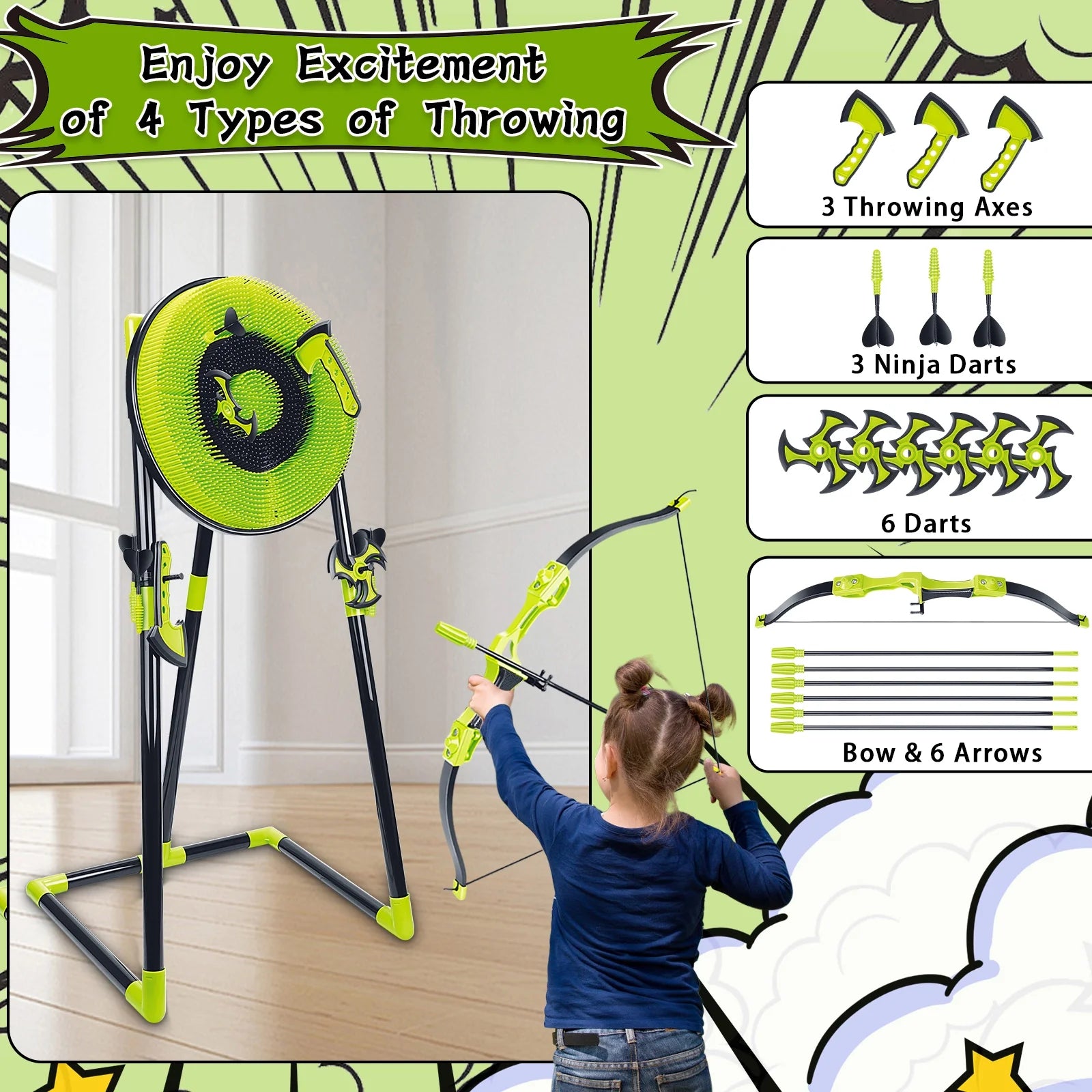 Losbenco Axe Throwing Target Game, Axe Throw & Lawn Dart Target Sets Including 3 Throwing Axes, 6 Darts and 6 Bow Arrows for Indoors and Outdoors Backyard Game