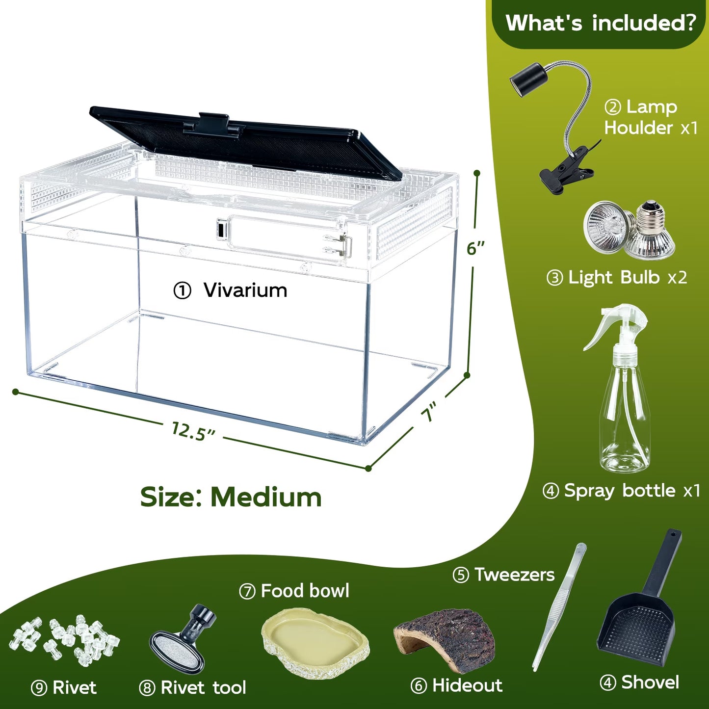 Gecko Tank & Reptile Terrarium Kit with Heat Lamp, Spray Bottle, Tools & Hideout - Perfect Habitat for Lizards, Snakes, Turtles, Hermit Crabs, Frogs, Jumping Spiders 12.5X6X7 Inch