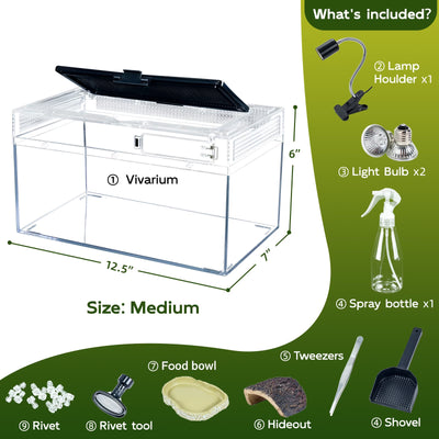 Gecko Tank & Reptile Terrarium Kit with Heat Lamp, Spray Bottle, Tools & Hideout - Perfect Habitat for Lizards, Snakes, Turtles, Hermit Crabs, Frogs, Jumping Spiders 12.5X6X7 Inch