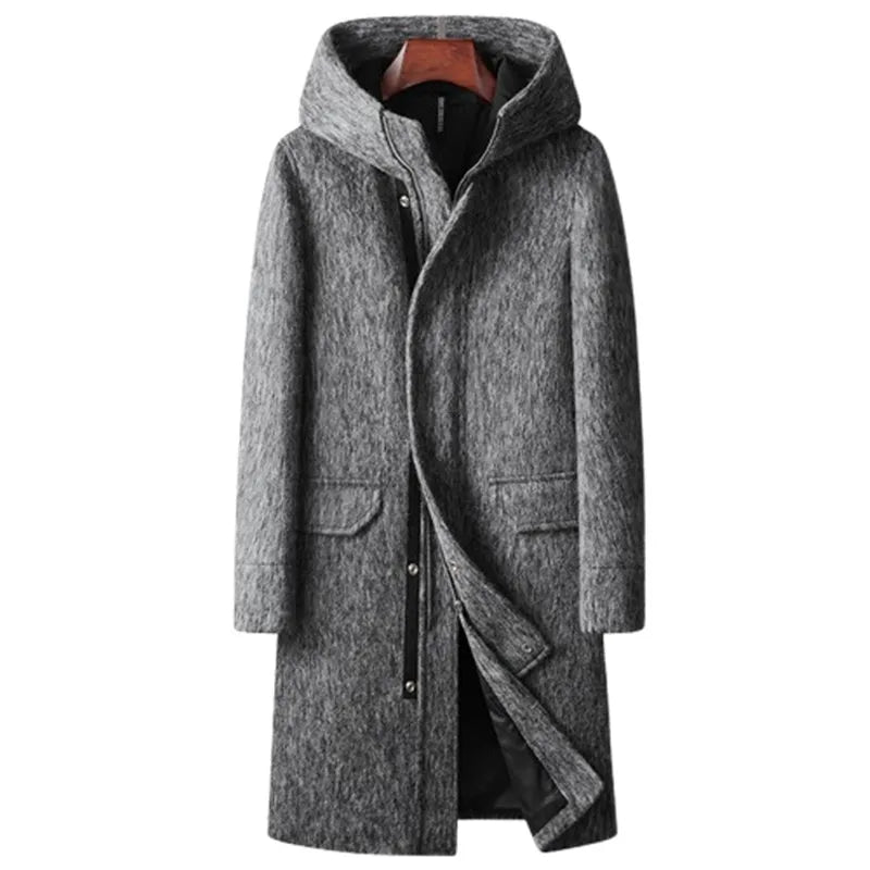 High Quality Woolen Coats Men Autumn Winter Long Hooded Wool Trench Coats Male Thick Warm Solid Business Casual Outwear Coat Man