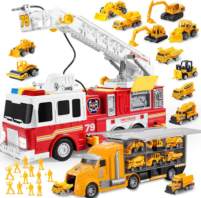 JOYIN Extra Large 33-Inch Ladder Fire Truck Toy and 25 in 1 Construction Truck Vehicle Toy Set, Play Vehicles Set with Sounds and Lights in Carrier Truck, Push and Go Vehicle Car Toy
