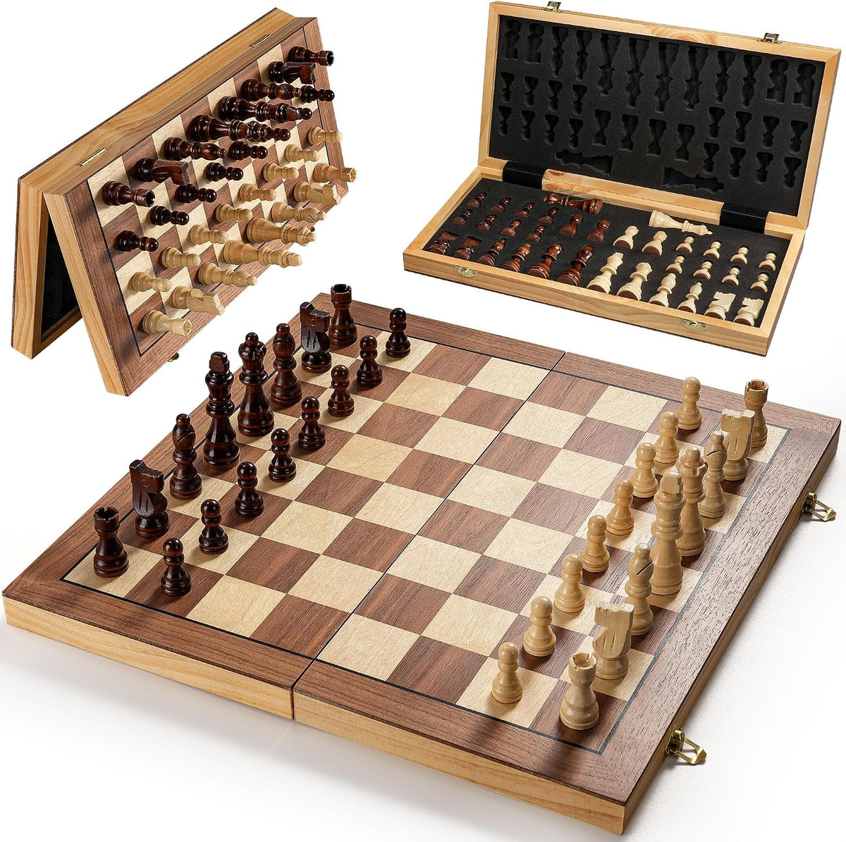 Vahome Magnetic Chess Set for Adults & Kids, 15" Wooden Folding Chess Boards, Handcrafted Portable Travel Chess Game with Pieces Storage Slots, 2 Extra Queens