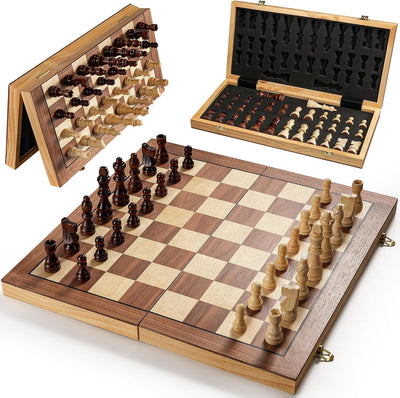 Vahome Magnetic Chess Set for Adults & Kids, 15" Wooden Folding Chess Boards, Handcrafted Portable Travel Chess Game with Pieces Storage Slots, 2 Extra Queens