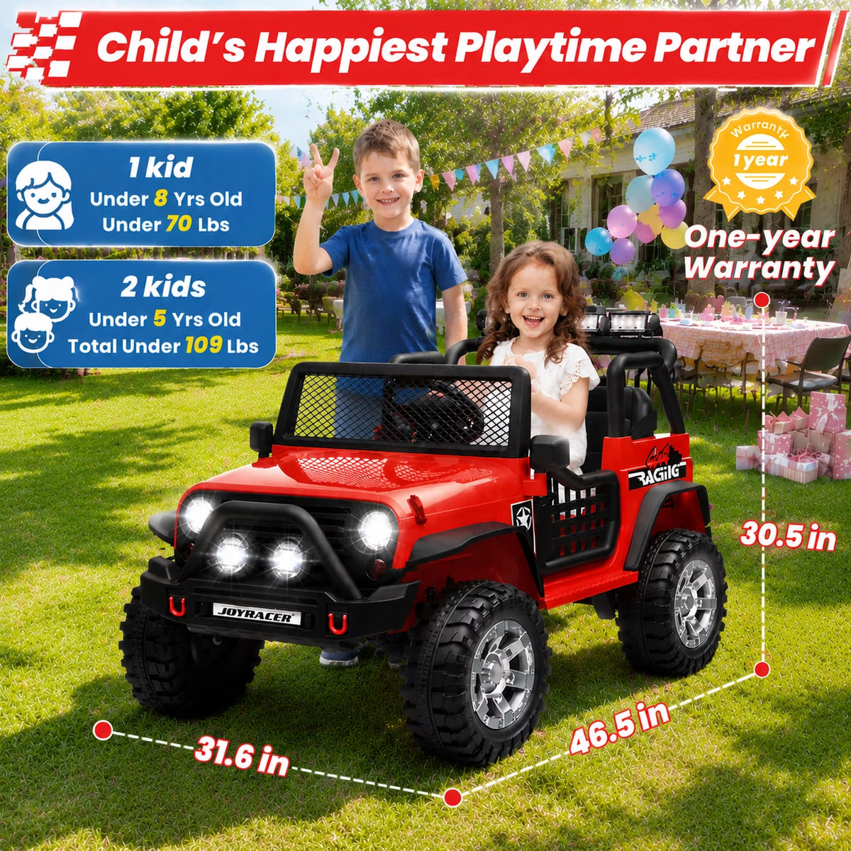 Joyracer 24V 2 Seater Kids Ride on Truck with Remote Control, 4×200W Motor, Electric Battery Powered Toys Car W/ 4 Wheels Spring Suspension, 3 Speeds, LED Lights, Bluetooth Music, Red