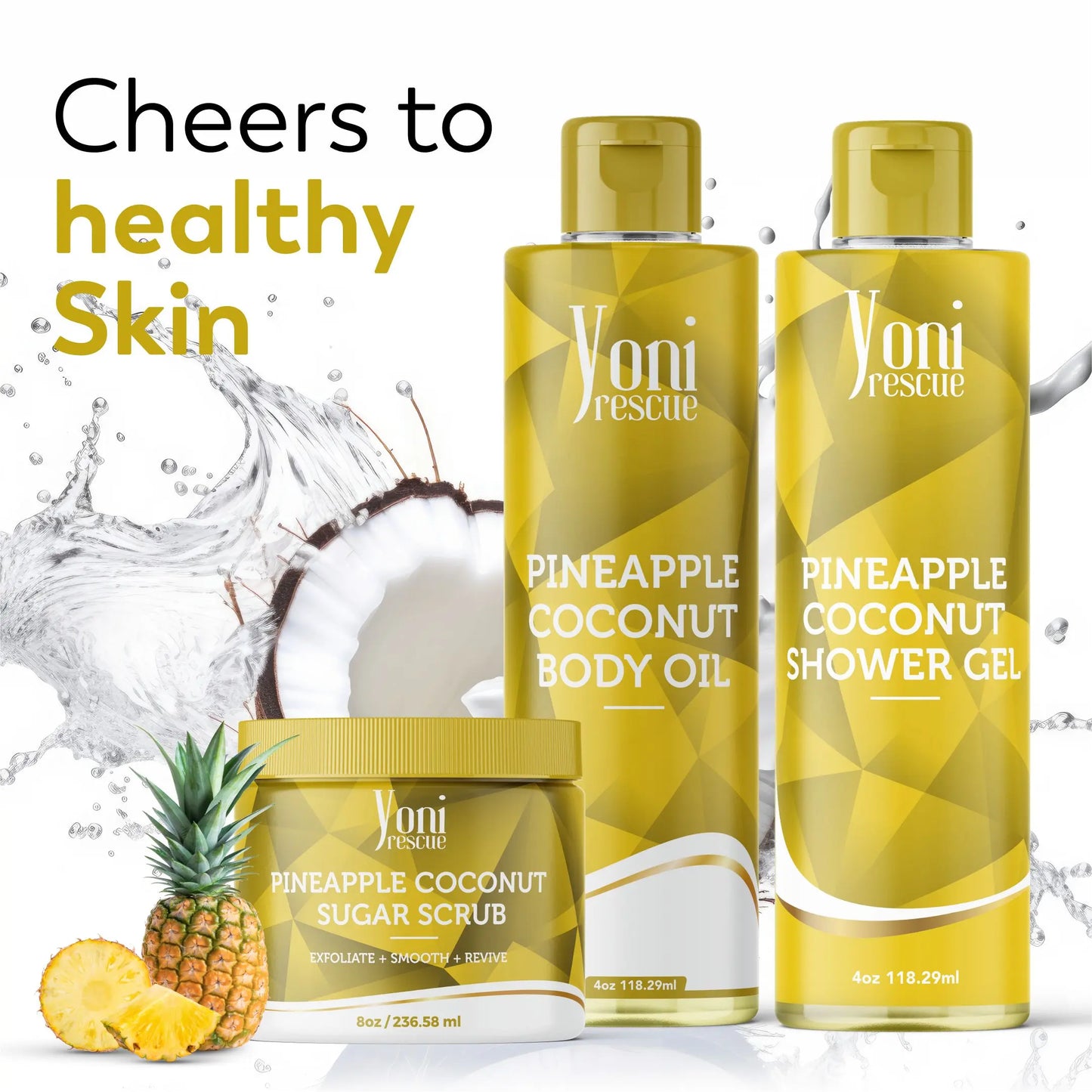 Pineapple Coconut Body & Bath Care Set- Shower Gel(4Oz), Body Essential Oil(4Oz) 100% All Natural with Sugar Scrubs(8Oz) by Yoni Rescue