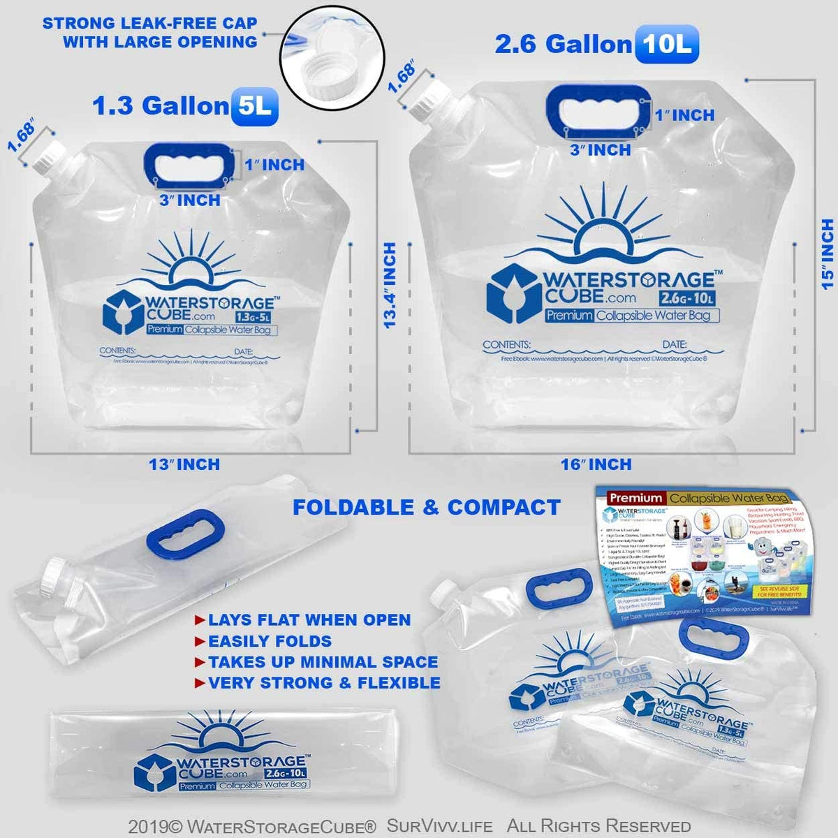 Waterstoragecube Premium Collapsible Water Container Bags 1.3 Gal (4-Pack)