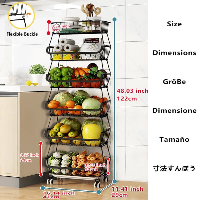 Carolyndesign Kitchen Storage Baskets Black Iron Wire Storage Bins with Wheels and Feet, Stackable Vegetable Storage Baskets (6-Tier Baskets)