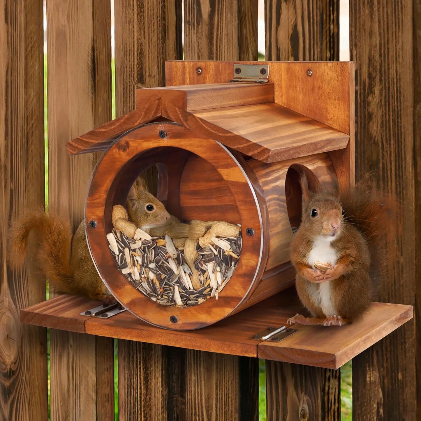 VASGOR Wood Squirrel Feeder, Squirrel Feeders for outside Winter, Wooden Chipmunk Feeder for Corn, Peanuts, Durable Box Easy to Fill with the Roof Can Be Opened