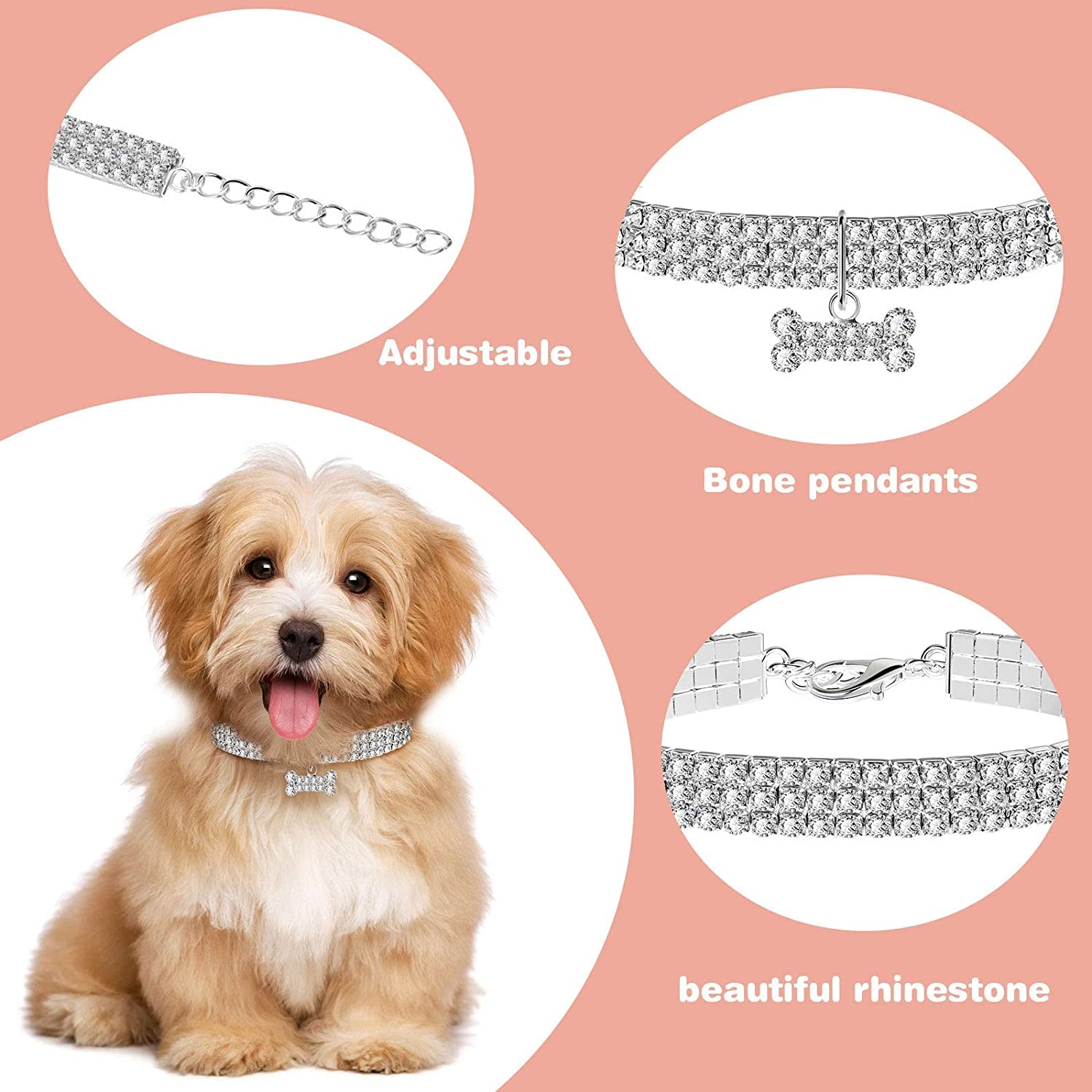 Weewooday 3 Pieces Bling Rhinestones Pet Collars Glitter Pendant Dog Collars Adjustable Crystal Cat Collar Elastic Pet Necklace for Small Pet Cat Dogs Puppy (White)