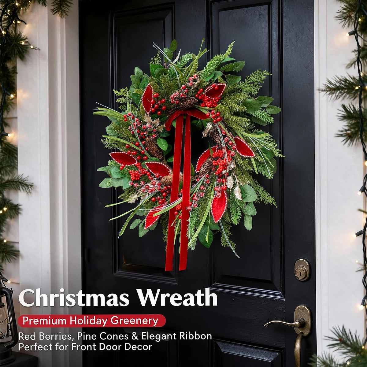 Christmas Wreath with Lights,Outdoor Pre-Lit Christmas Wreaths for Front Door-24 Inch Xmas Door Wreath with Pine Needles Pine Cones and Red Berries- Farmhouse Home Christmas Decorations
