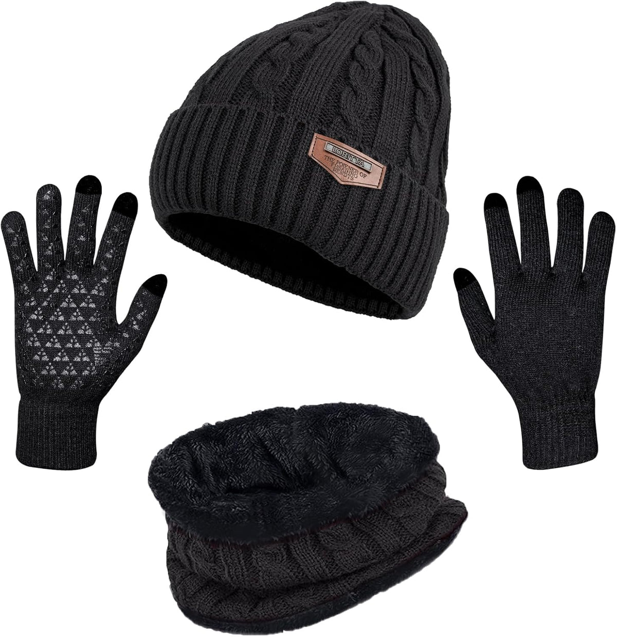 Loritta Winter Hats for Men, 3 PCS Fleece Beanie Scarf Gloves Set