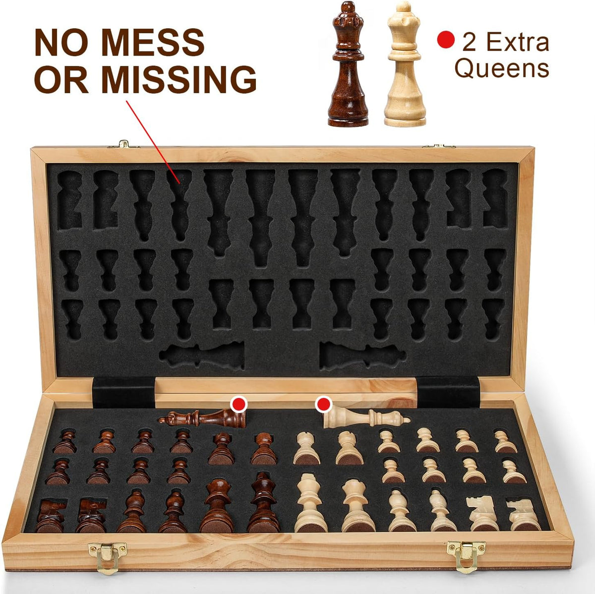 Vahome Magnetic Chess Set for Adults & Kids, 15" Wooden Folding Chess Boards, Handcrafted Portable Travel Chess Game with Pieces Storage Slots, 2 Extra Queens