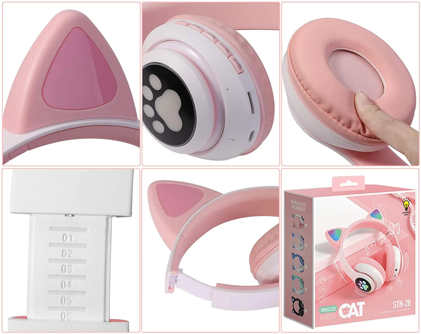 TCJJ Kids Wireless Headphones Cat Ear LED Light up Bluetooth Foldable Headphones over Ear W/Microphone for Online Distant Learning (Pink)