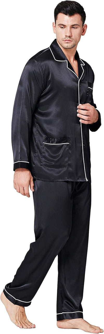 Lonxu Pajamas Set Mens Silk Satin Pajamas Long Sleeve Loungewear Two-Piece Sleepwear Button-Down Pj Set S-XXXXL
