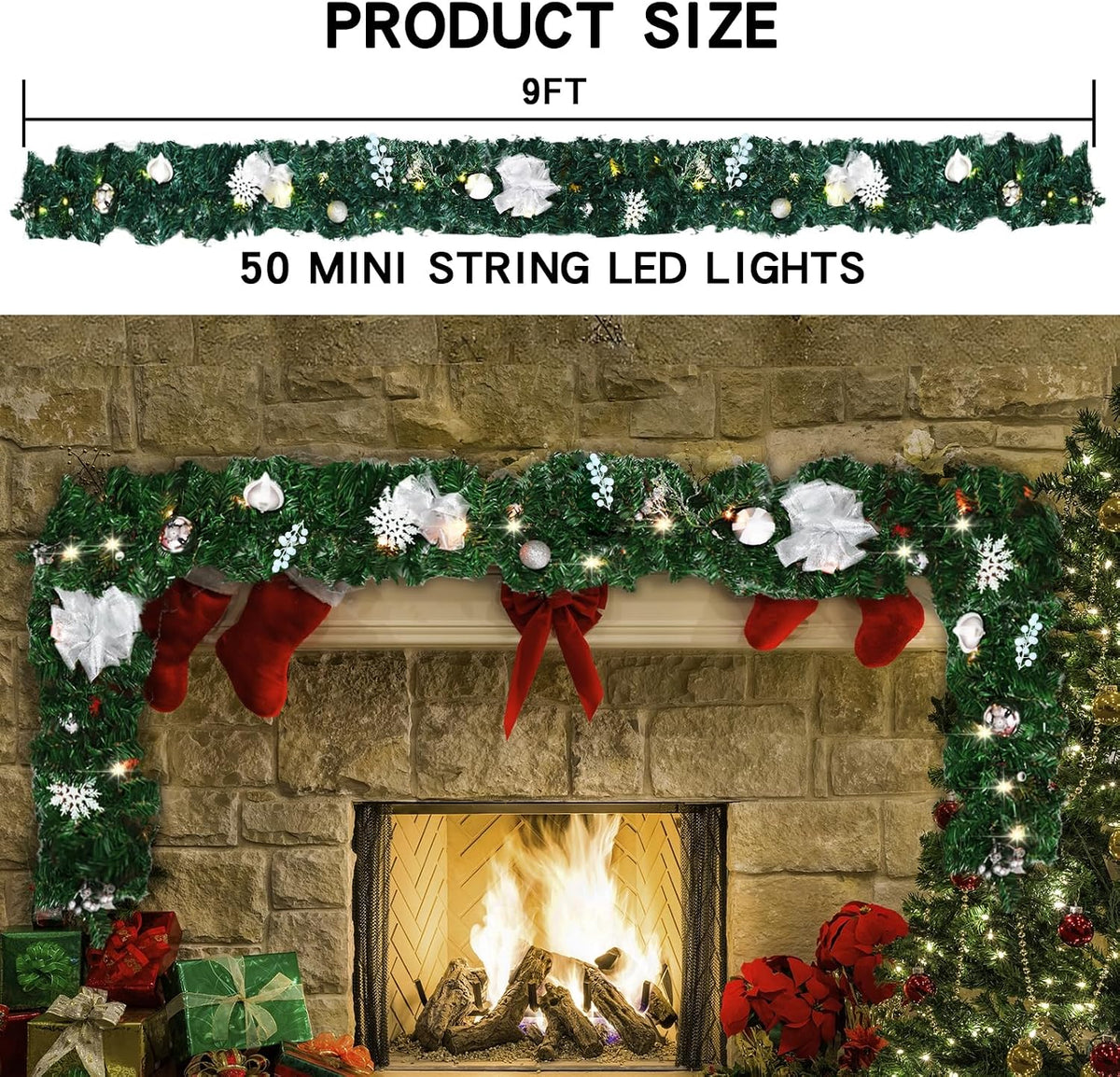 Mortime 9 FT LED Christmas Garland with Berries Bows Christmas Balls, Pre-Lit Artificial Garland with 50 Warm White LED Lights for Indoor Outdoor Christmas Decorations