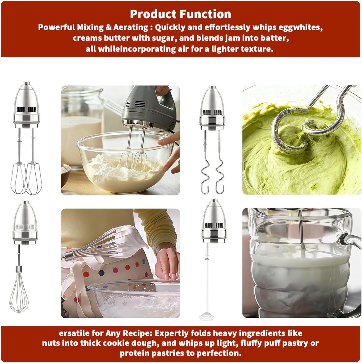 Hand Mixer Beater Attachments for Kitchenaid Set of 6 | Including Turbo Beater, Pro Whisk, Dough Hooks, Blending Rod Compatible with KHM512 KHM6118 KHM7210 KHM926