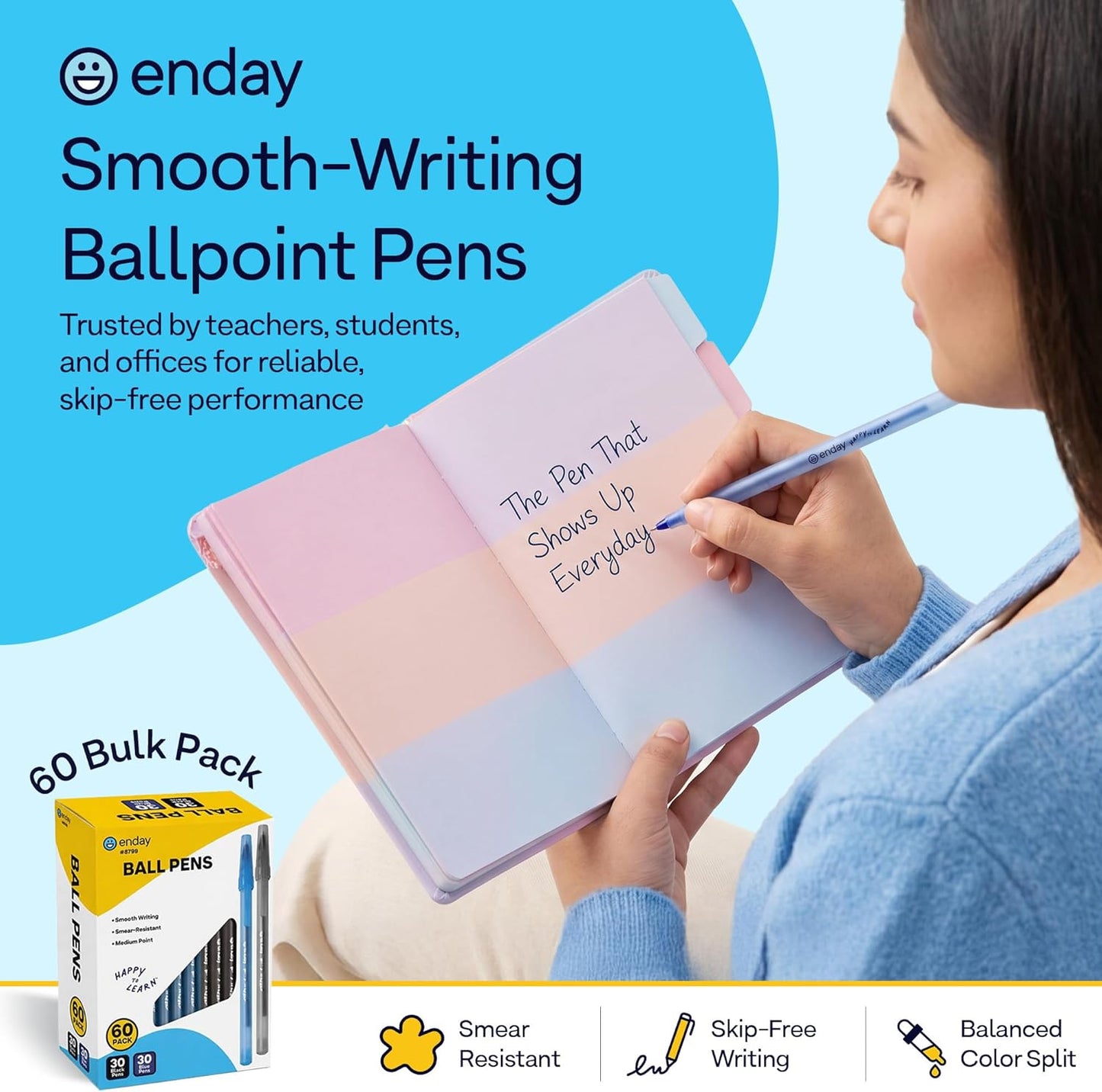 Enday Pens Ballpoint (60 Pack) 30 Blue & 30 Black Pens, Ink Pens Bulk, Medium Point 1.0Mm, Smooth Writing Ballpoint Pens, Comfortable Grip Ball Point Pens Black, Quick Dry Ink.