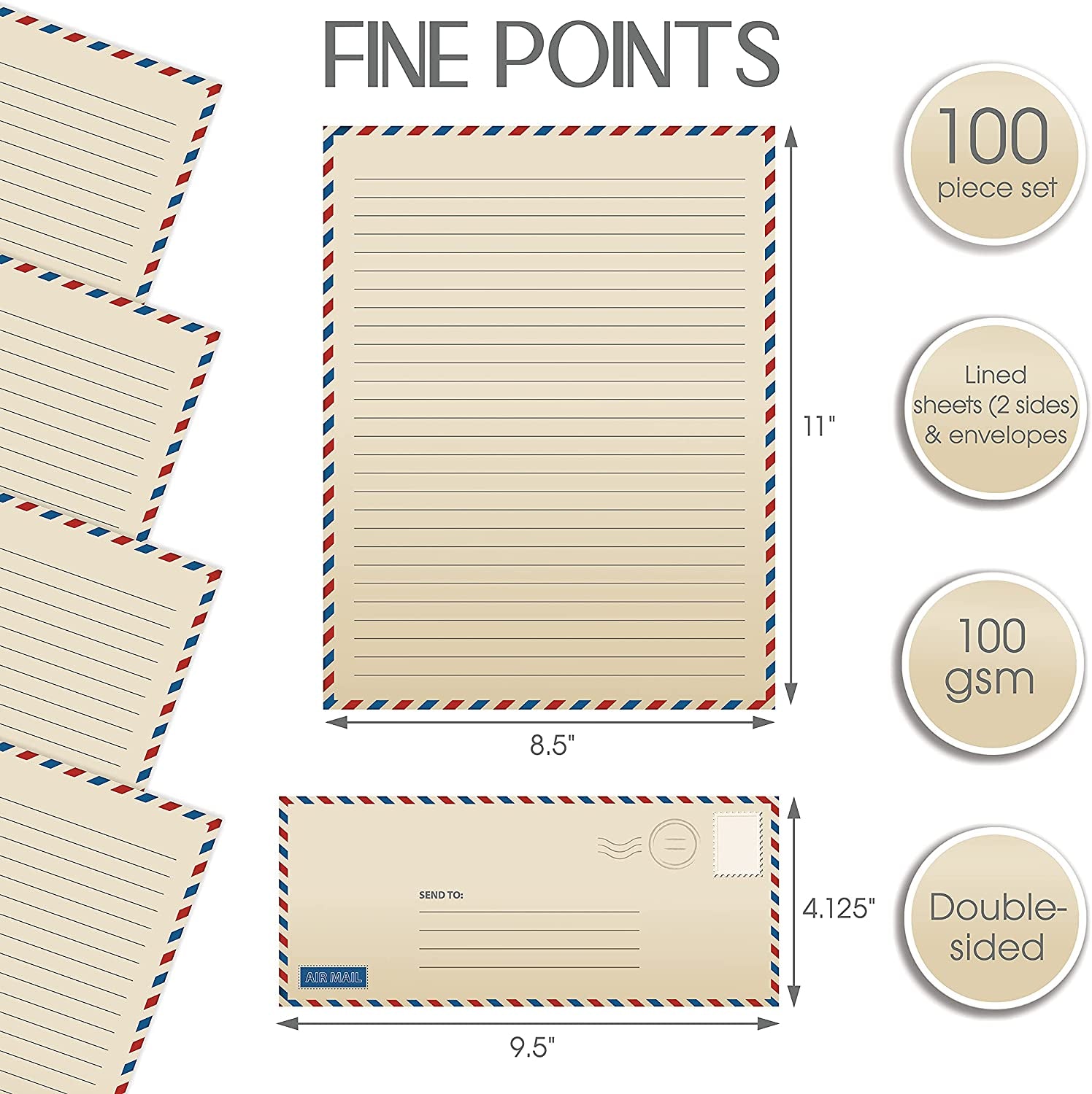 Better Office Products Vintage Airmail Stationery Paper Set, 100-Piece Set (50 Lined Sheets + 50 Matching Envelopes), Letter Size 8.5 X 11 Inch, Double Sided & Lined Paper,