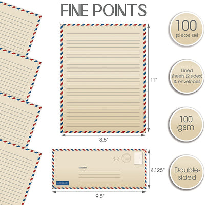 Better Office Products Vintage Airmail Stationery Paper Set, 100-Piece Set (50 Lined Sheets + 50 Matching Envelopes), Letter Size 8.5 X 11 Inch, Double Sided & Lined Paper,