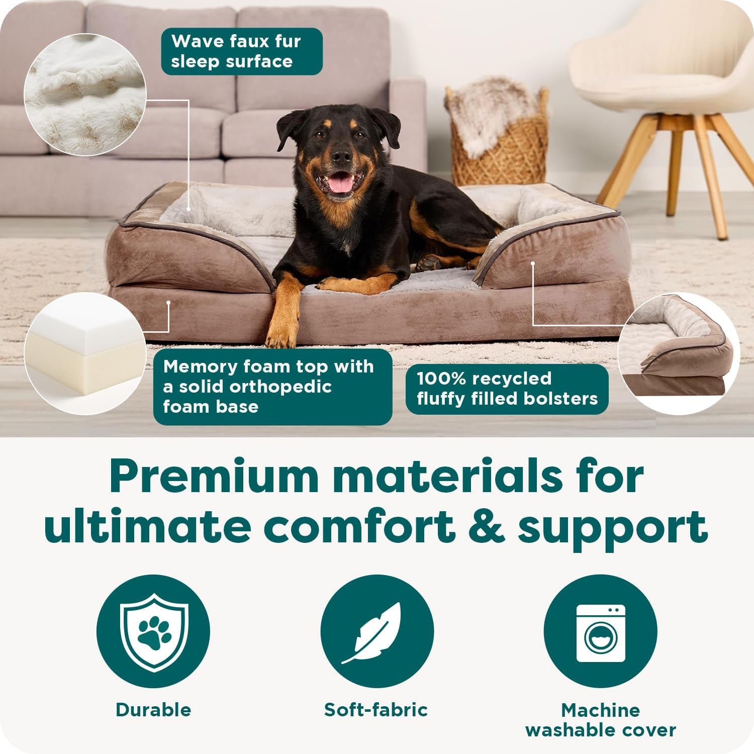 Furhaven Memory Foam Dog Bed for Large Dogs W/ Removable Bolsters & Washable Cover, for Dogs up to 95 Lbs - Plush & Velvet Waves Perfect Comfort Sofa - Brownstone, Jumbo/Xl