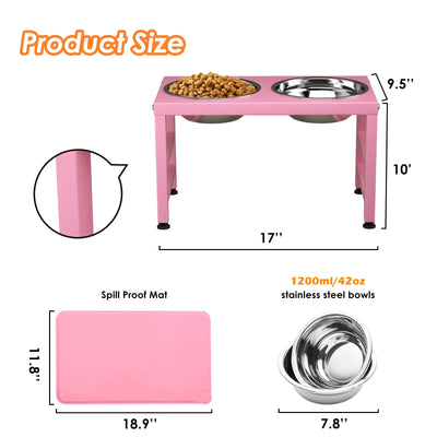 Metal Raised Dog Bowl Stand for Large and Medium Dogs, Strong Elevated Dog Bowls with a Silicone Mat,Pink Dog Food & Water Bowls ,10In Tall Dog Feeder Elevated Bowl