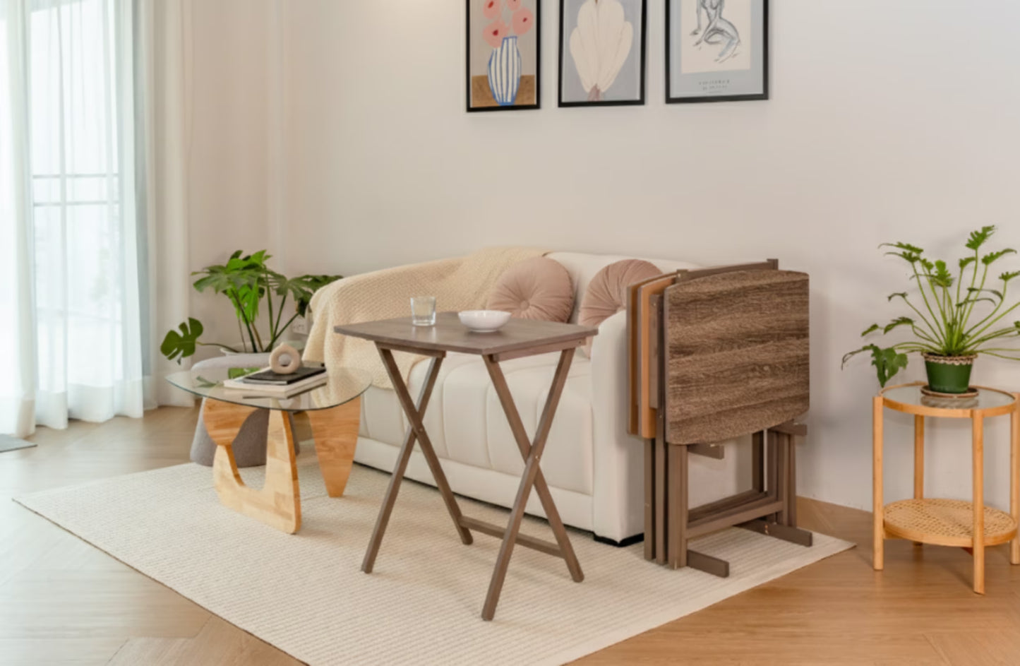 Mainstays XL Oversized 5-Piece Rubberwood Folding TV Tray Table Set of 4 with Storage Rack, Rustic Gray