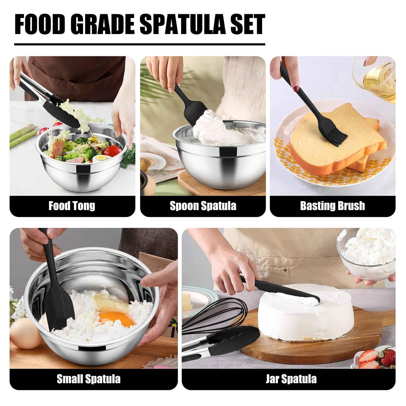 Vesteel 35PCS Mixing Bowls with Lids Set, Stainless Steel Nesting Salad Prep Bowls Attach with 3 Graters & Kitchen Utensils for Mixing Serving Grating, Size 4.5/3.5/3/2.5/1.5/1.2/0.7 QT, Black