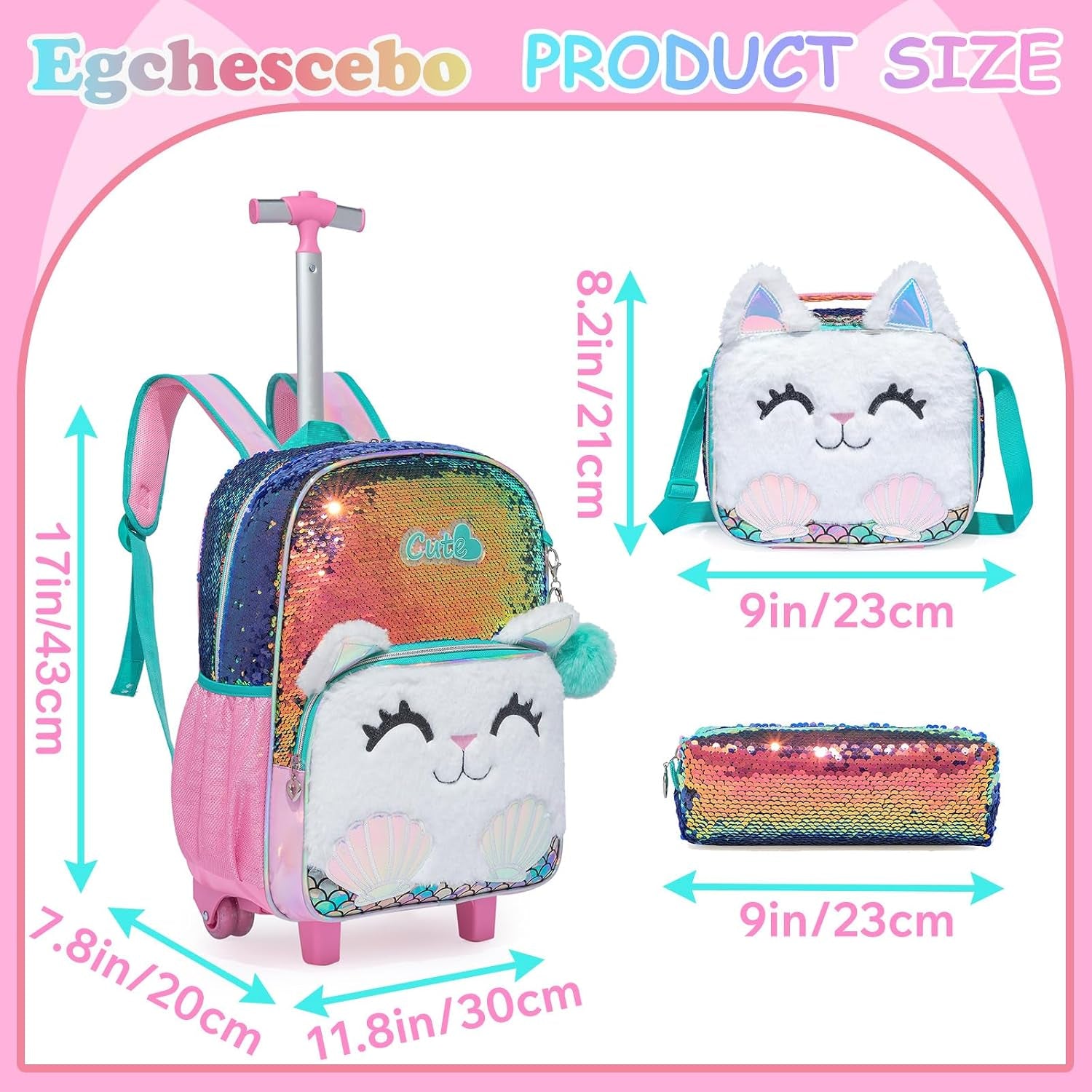 Kids Rolling Cats Backpack for Girls Plush Trolley Suitcases Luggage Travel with Wheels Bookbag Wheeled 17" Roller Backpacks Set Toddler Back Pack School Bags for Elementary Champagne