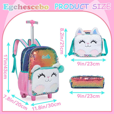 Kids Rolling Cats Backpack for Girls Plush Trolley Suitcases Luggage Travel with Wheels Bookbag Wheeled 17" Roller Backpacks Set Toddler Back Pack School Bags for Elementary Champagne