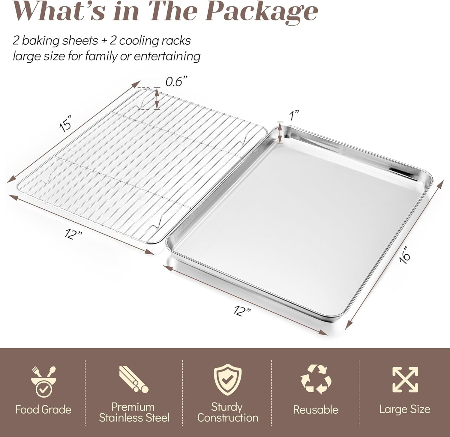 Teamfar Baking Sheet with Rack Set (2 Pans + 2 Racks), Stainless Steel Baking Pan Cookie Sheet for Baking, Non Toxic & Healthy, Easy Clean & Dishwasher Safe - 4 Pack