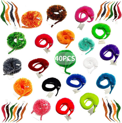 SHENGSEN 40Pack Fuzzy Worm Toys, Magic Fuzzy Worms on String Bulk Trick Toy Carnival Kid Party Favors for Kid Cat (20 Colors)