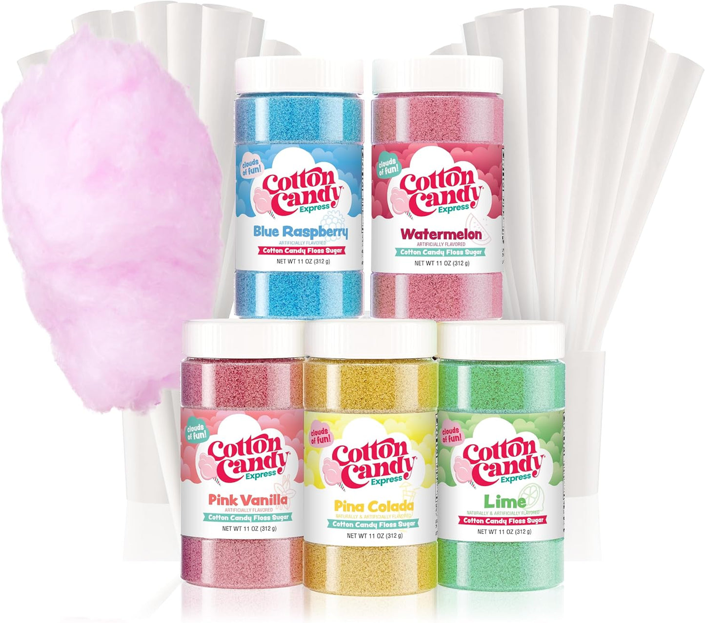 Cotton Candy Express 100-Count Paper Cones with Pink Vanilla, Lime, Blue Raspberry, Watermelon, and Pina Colada 11-Ounce Floss Sugar Jars for Cotton Candy Making