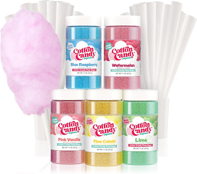Cotton Candy Express 100-Count Paper Cones with Pink Vanilla, Lime, Blue Raspberry, Watermelon, and Pina Colada 11-Ounce Floss Sugar Jars for Cotton Candy Making