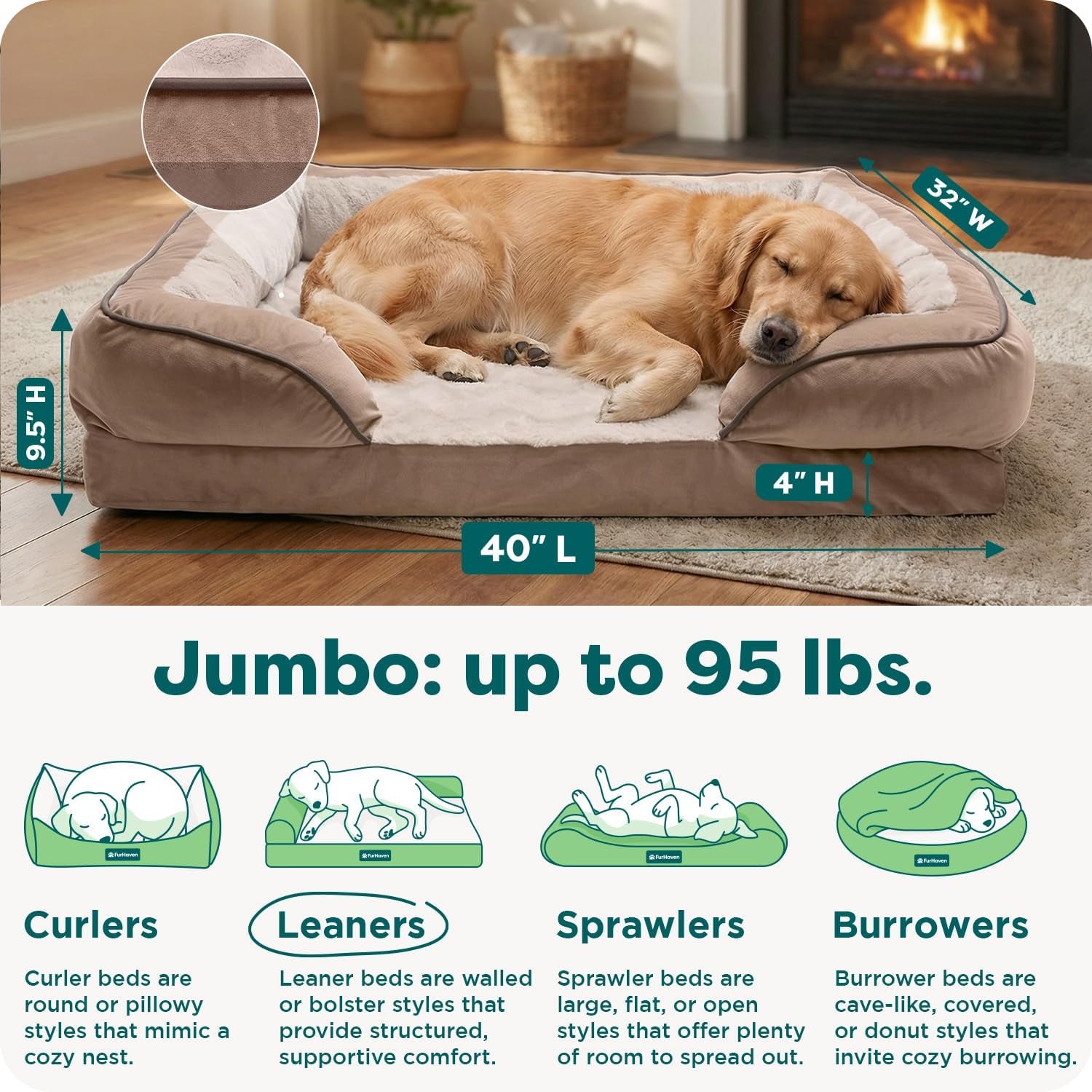 Furhaven Memory Foam Dog Bed for Large Dogs W/ Removable Bolsters & Washable Cover, for Dogs up to 95 Lbs - Plush & Velvet Waves Perfect Comfort Sofa - Brownstone, Jumbo/Xl