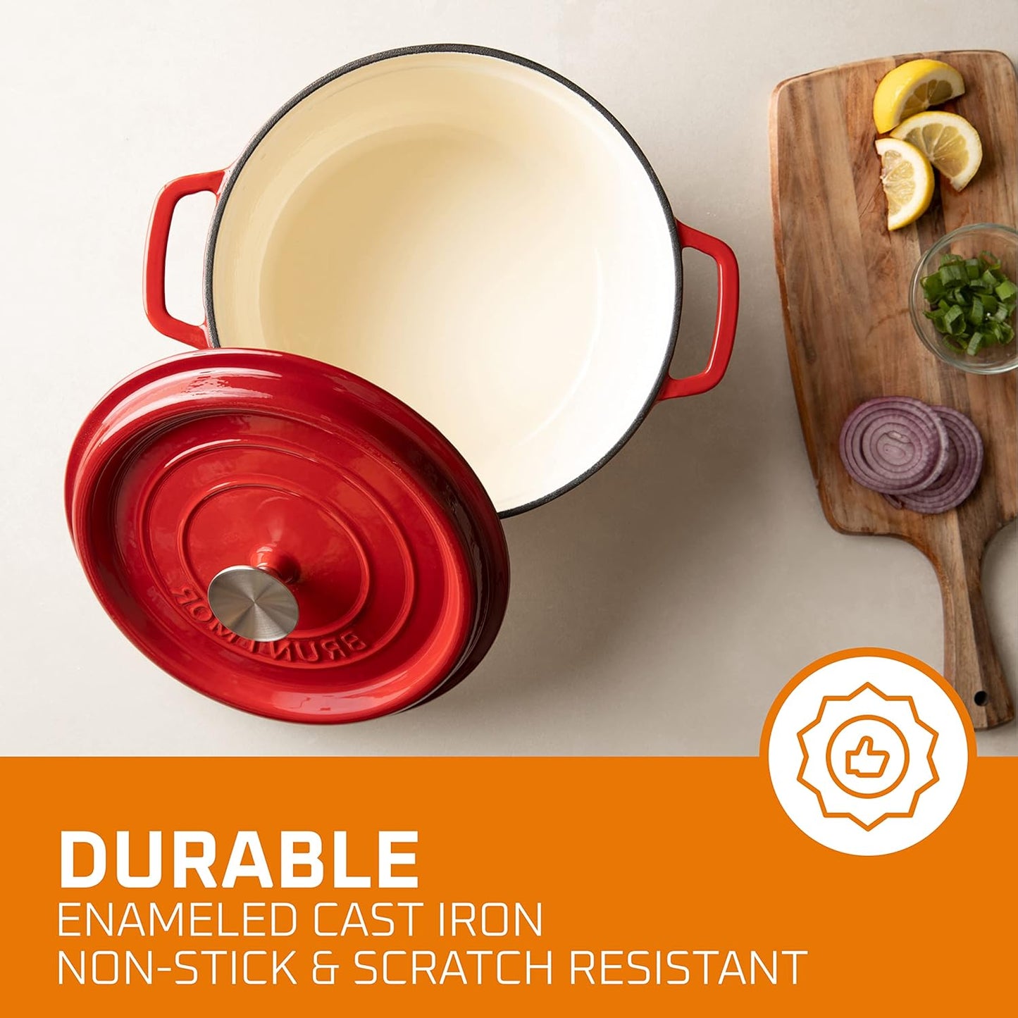 Bruntmor Pre-Seasoned Enameled Cast Iron Dutch Oven with Lid and Handle - 5.2 Quart Heavy Duty Casserole Dish for Cooking, Baking, and Braising - Oven Safe, Durable, round Cast Iron Cooking Pot - Red