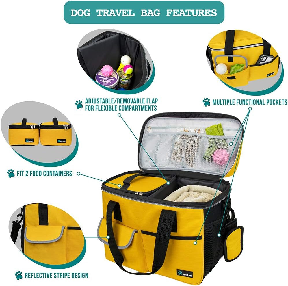 Petami Dog Travel Bag Organizer, Pet Travel Kit with 2 Food Containers & 2 Collapsible Dog Bowls, Pet Supplies Tote with Luggage Sleeve, Weekend Road Trip Camping Essentials, Yellow, Medium