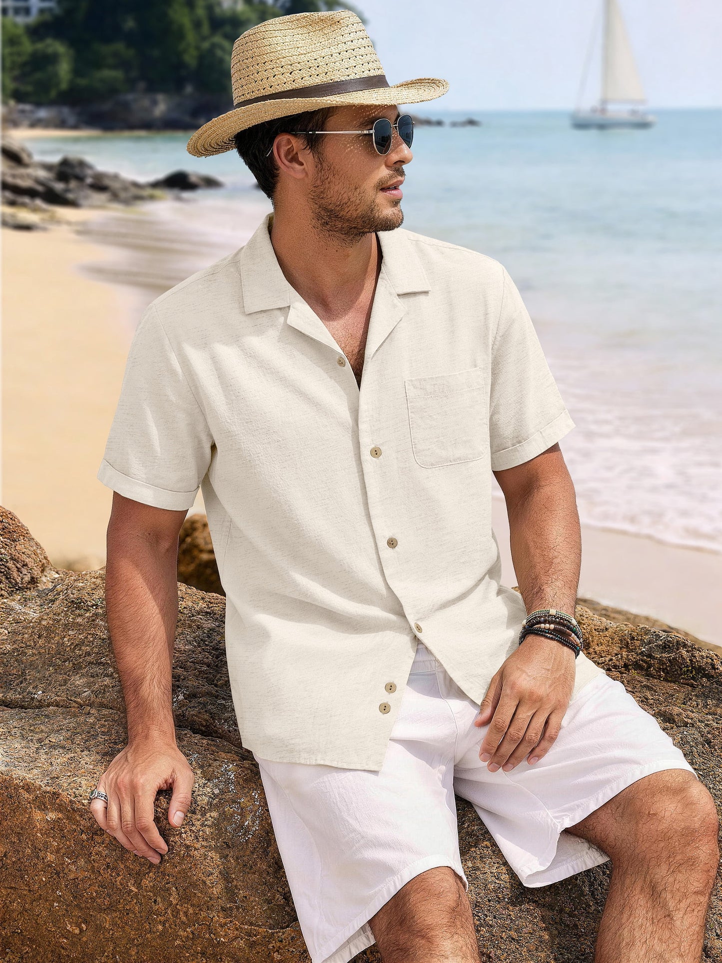 GENTS BLISS Men Linen Shirts Casual Short Sleeve Button down Shirts for Men Beach Tops with Pocket