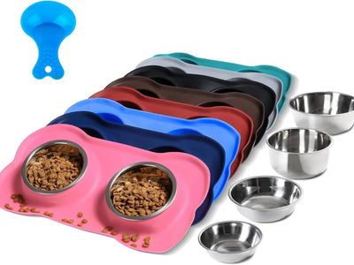 Pet Dog Bowls 2 Stainless Steel Dog Bowl with No Spill Non-Skid Silicone Mat + Pet Food Scoop Water and Food Feeder Bowls for Feeding Small Medium Large Dogs Cats Puppies (S, Pink)
