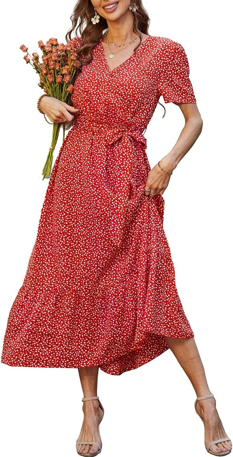 PRETTYGARDEN Women'S Summer Floral Boho Maxi Dress Short Sleeve Wrap V Neck Ruffle Long Flowy Beach Wedding Guest Dresses