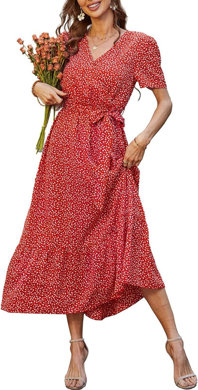 PRETTYGARDEN Women'S Summer Floral Boho Maxi Dress Short Sleeve Wrap V Neck Ruffle Long Flowy Beach Wedding Guest Dresses