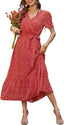PRETTYGARDEN Women'S Summer Floral Boho Maxi Dress Short Sleeve Wrap V Neck Ruffle Long Flowy Beach Wedding Guest Dresses