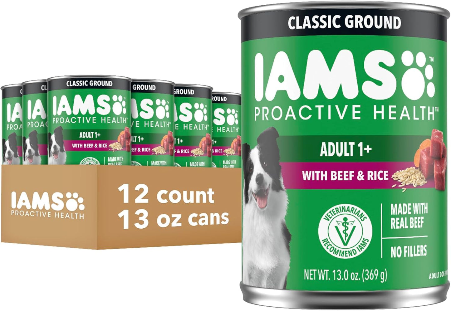 IAMS Proactive Health Wet Dog Food, Adult Wet Dog Food Multipack Ground Dinner, Beef & Rice, 13 Oz. Cans (Pack of 12)