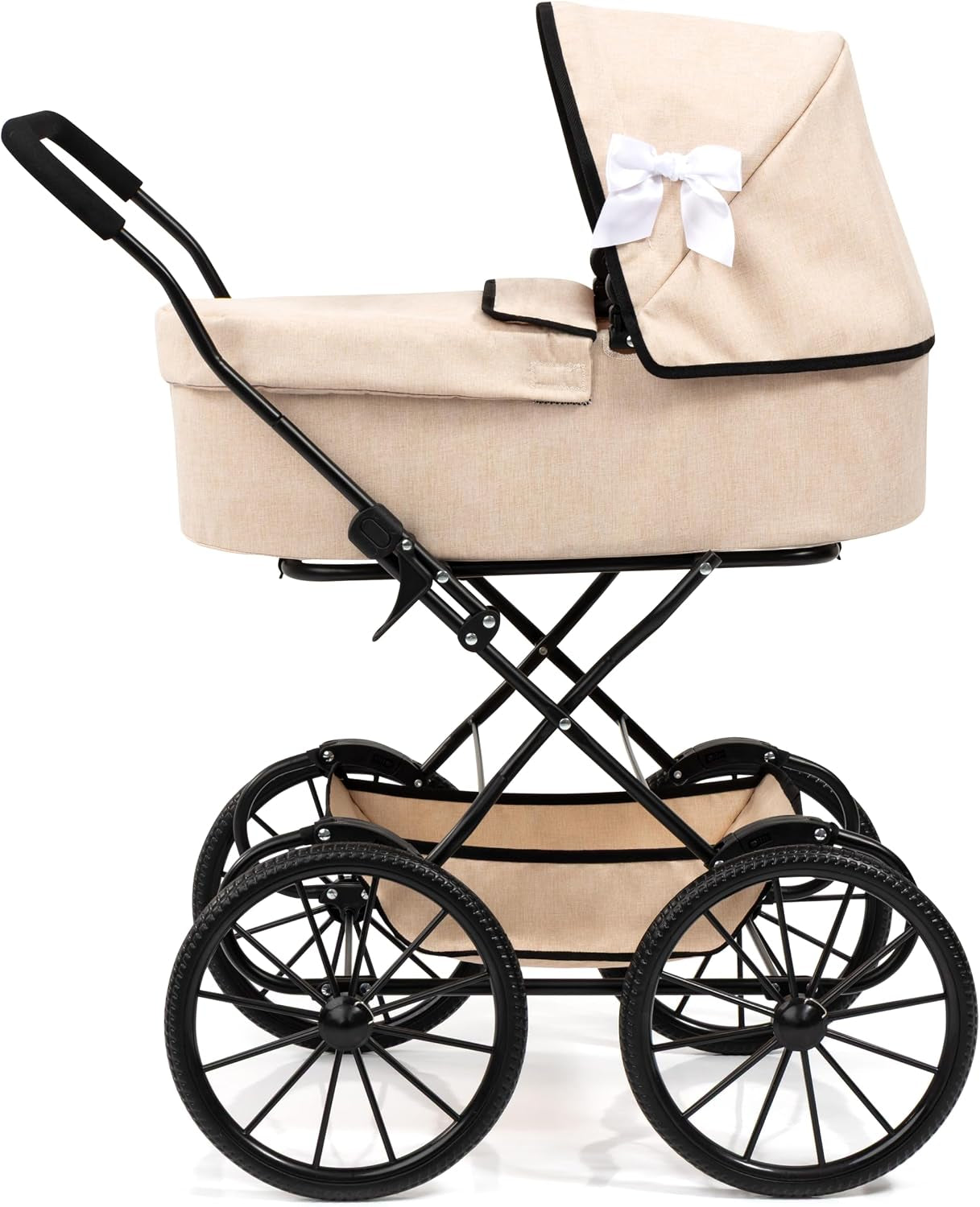 Bayer Design Vintage Doll Pram, Classic Baby Stroller with Bag, Beige | Elegant 18 Inch Carriage with Large Smooth-Rolling Wheels, Foldable Frame, Under-Basket, and Protective Fabric Cover
