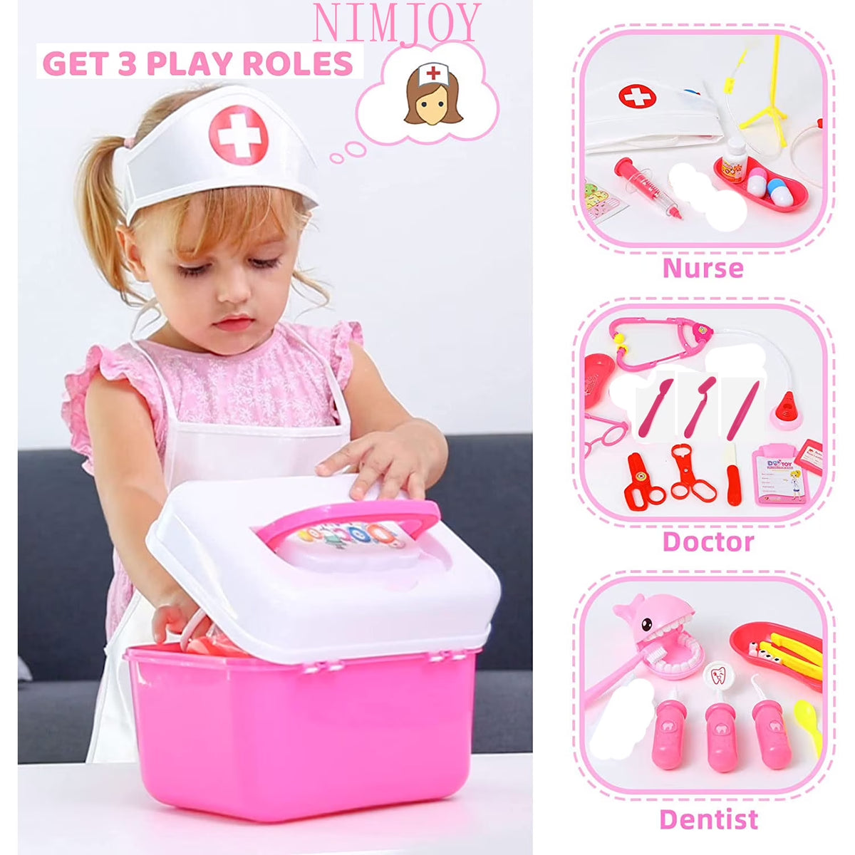Nimjoy Kids Toy Doctor Kit for Girls 3-6 Years Boys, 41PCS Pink Toy Stethoscope & Braces Medical Kit Preschool Pretend Play Dentist Set Gift to Toddler Birthday Christmas Present