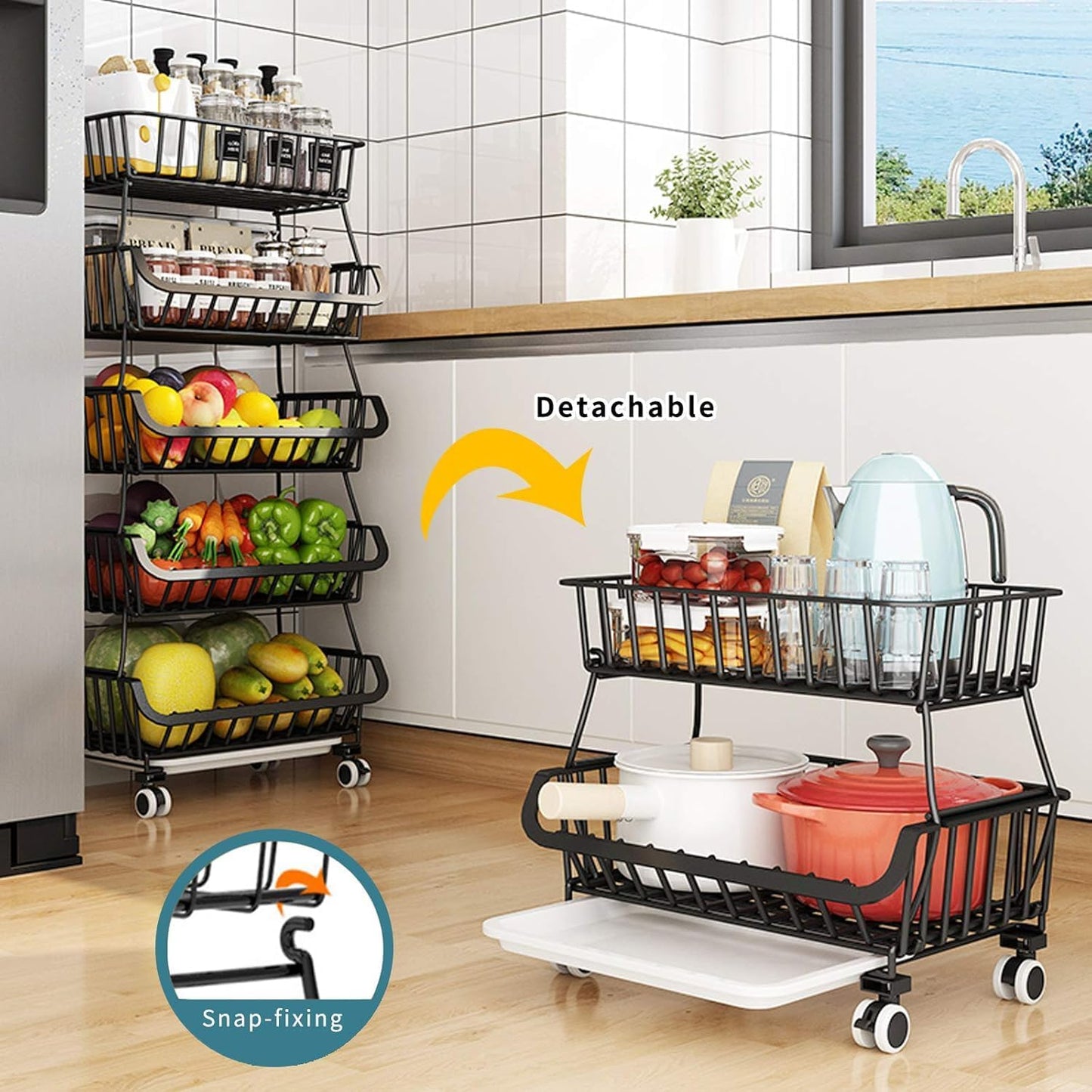 Carolyndesign Kitchen Storage Baskets Black Iron Wire Storage Bins with Wheels and Feet, Stackable Vegetable Storage Baskets (6-Tier Baskets)