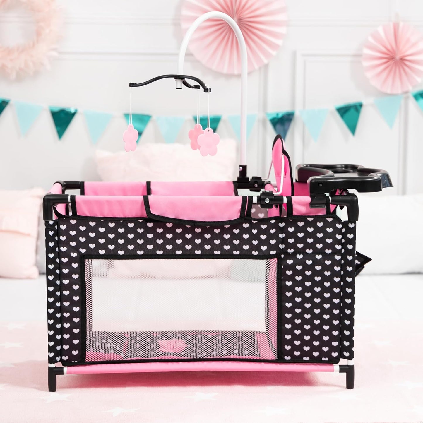 Bayer Baby Doll Furniture Set with Bed, Highchair & Hangers, Black/Pink | Nursery Station with Feeding Tray, Blanket, Pillow and Storage Compartment for 18 Inch Dolls. Encourages Roleplay