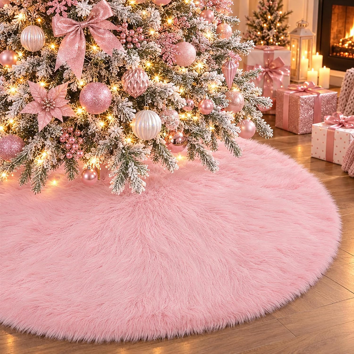 Pink Fur Tree Skirt, 36 Inch Faux Fur Fluffy Christmas Tree Skirt