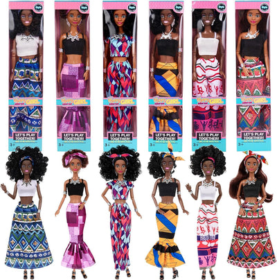 Dollbie 6 Pack African American Fashion Dolls Set with Mix & Match Outfits – 11.5" Posable Black Dolls & 5 Accessories Each (Crown, Necklace, Headscarf & More) + Pink Gift Case