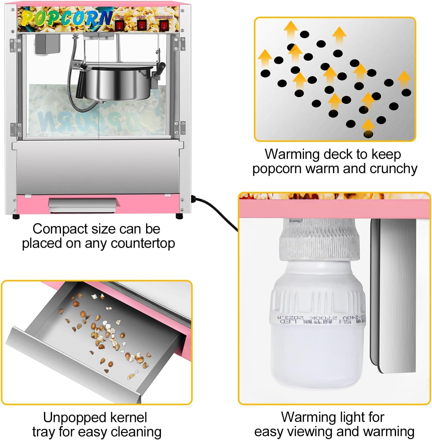 Commercial Countertop Popcorn Maker Machine 8 Ounce Kettle Movie Theater Automatic Popcorn Popper with Heating Rod Heat Lamp Safety Tempered Glass Doors