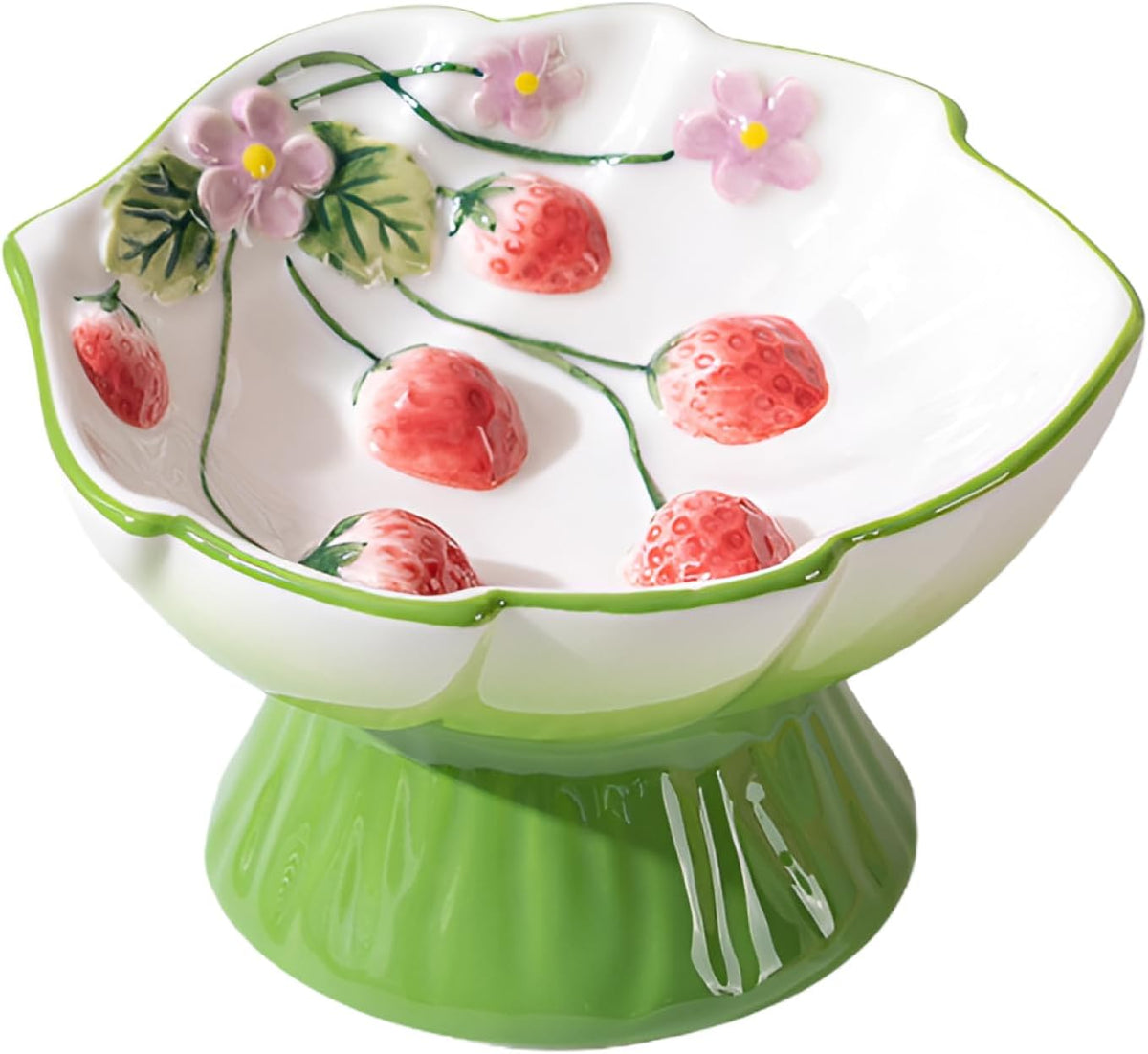 Pawspik Strawberry Blooms Elevated Ceramic Cat Bowl, Green